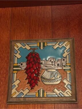Fiesta Red Chili Ristra Ceramic Wall Tile with Turquoise Sky